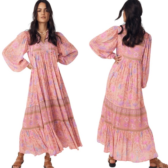 NWT Spell the Gypsy The Butterfly Boho Pink Tie Neck Flowy Maxi Dress - M - Picture 1 of 16